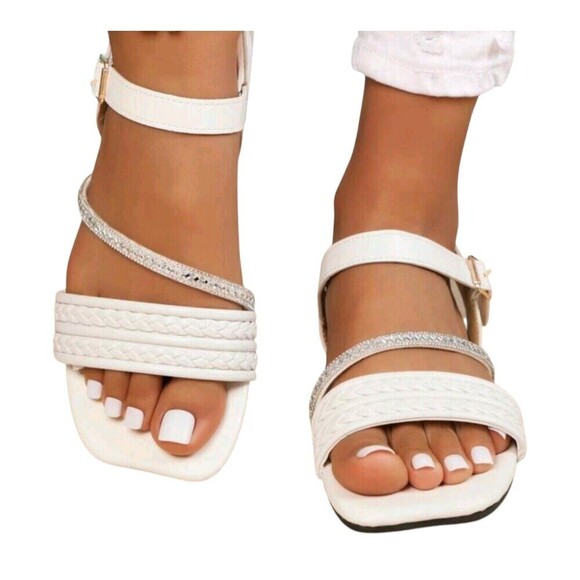 Women's Solid Color Open-Toe Flat Sandals White Size 8 - Picture 2 of 7